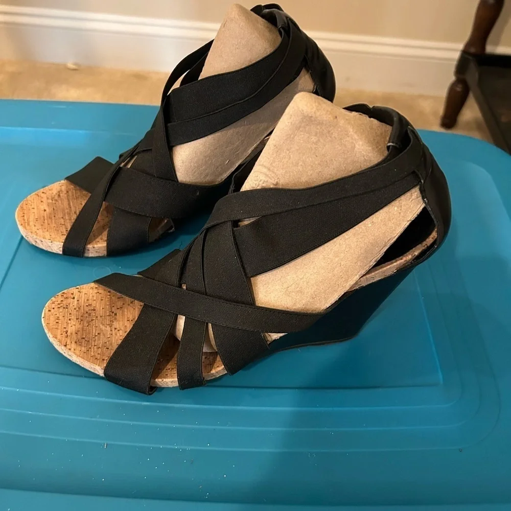 BCBGeneration Black Wedge Sandals with Crisscross Straps